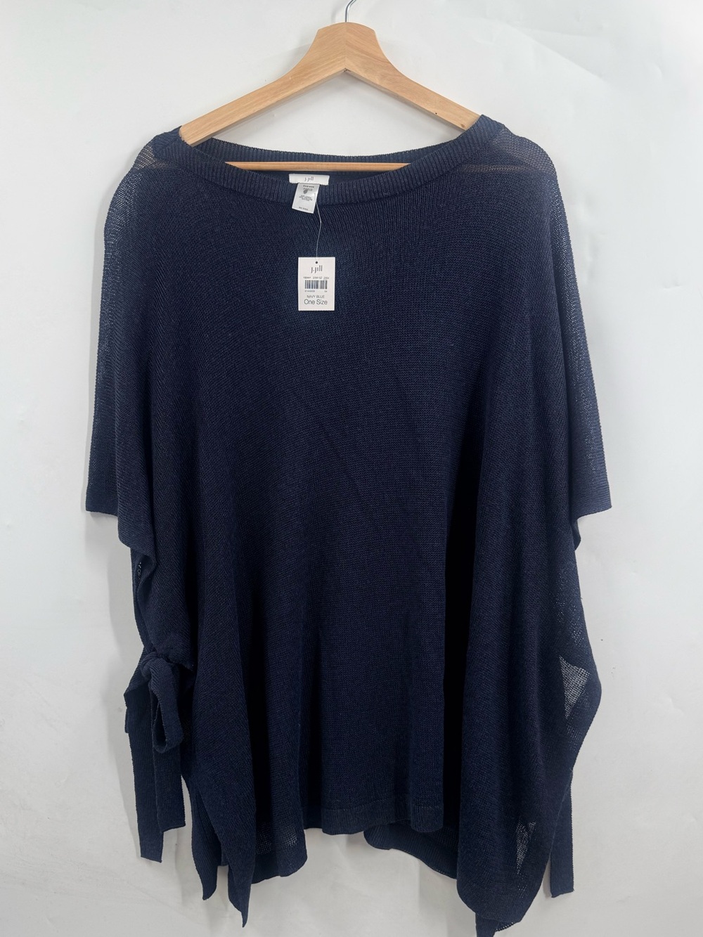 NWT J. Jill Poncho Linen Blend Side-Tie Poncho One Size Sweater in Navy